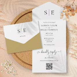 Convite de Casamento QR Code Preto Dourado Elegant