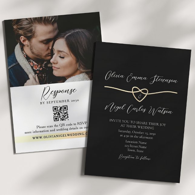 Convite de Casamento QR Code Preto Dourado Moderno (Criador carregado)