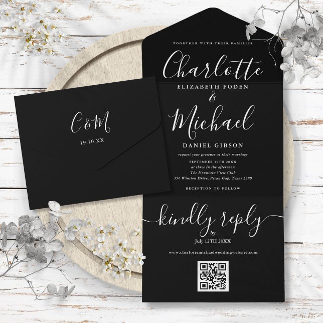 Convite de Casamento QR Code Preto e Branco com Le (Signature Script Black And White QR Code Wedding All In One Invitation)