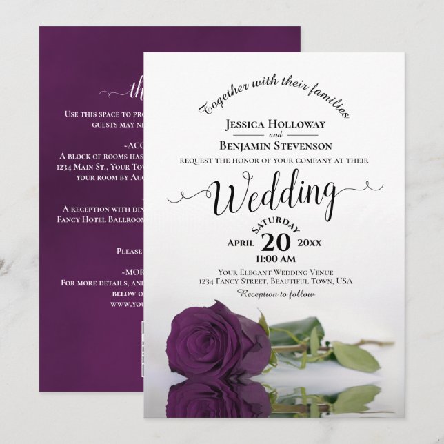 Convite de Casamento QR Code Rosa de Ameixa Caligr (Frente/Verso)