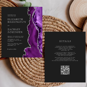 Convite de Casamento QR Code Roxo Escuro Prata Orç