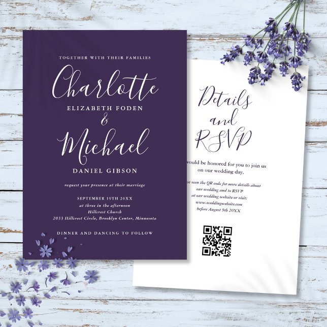 Convite de Casamento QR Code Roxo Moderno com Letr (Elegant Script Purple Modern QR Code Wedding Invitation)