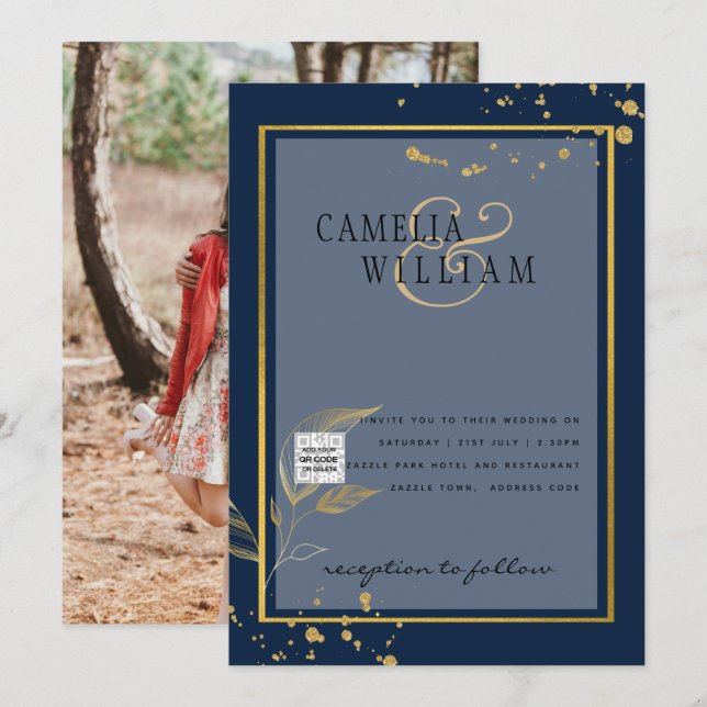 CONVITE DE CASAMENTO QR Code SALVE A DATA AZUL FOT (Frente/Verso)