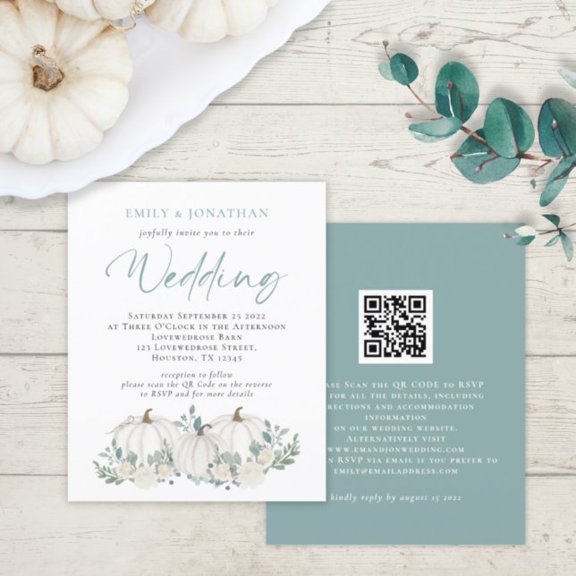 Convite de casamento QR de Folhagem Teal de Pumpki (Criador carregado)