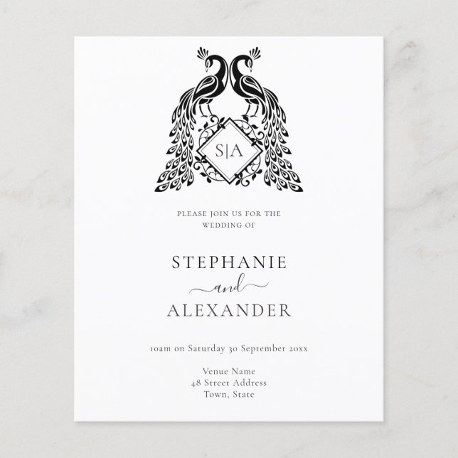 Convite de casamento QR de Pavão Preto do Monogram (Frente)