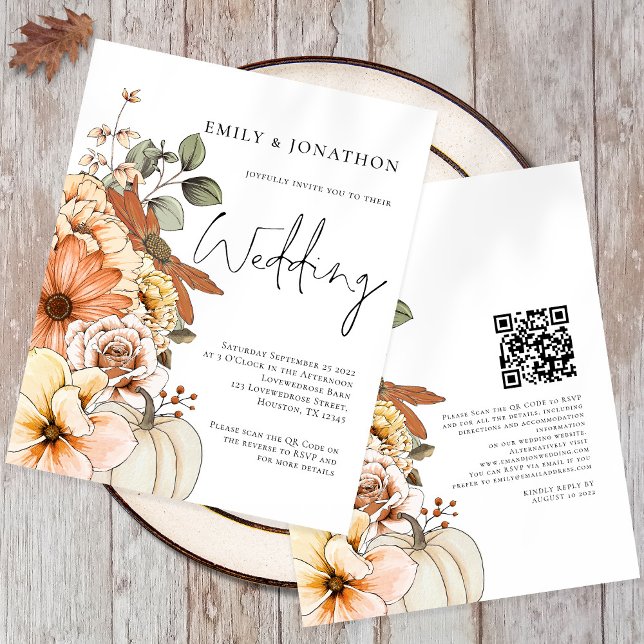 Convite de Casamento QR de Script de Pumpkin Flora (Front and back - automatically generate a QR code to your website for your guests to scan to RSVP)