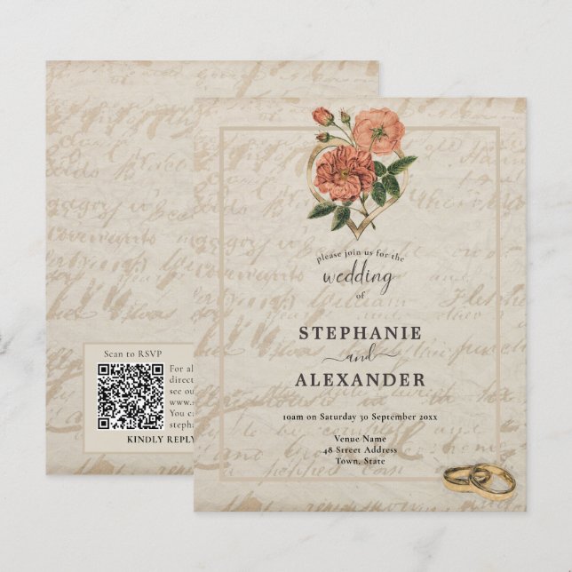 Convite de casamento QR Floral de Rosa de Coração  (Frente/Verso)