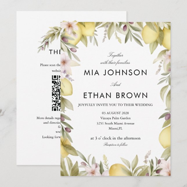 Convite de CASAMENTO QR FLORAL LIMÃO VERDE CÍTRICO (Frente/Verso)
