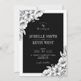 Convite de Casamento QR Floral Preto Branco Rústic