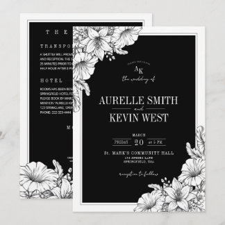 Convite de Casamento QR Floral Preto Branco Rústic