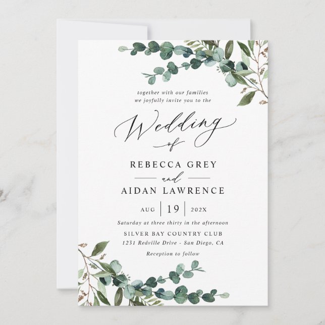 Convite de Casamento QR Rustic Watercolor Greenery (Frente)