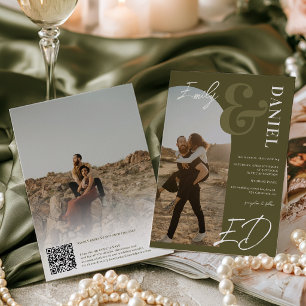 Convite de Casamento QR Script Foto Verde Préppy O