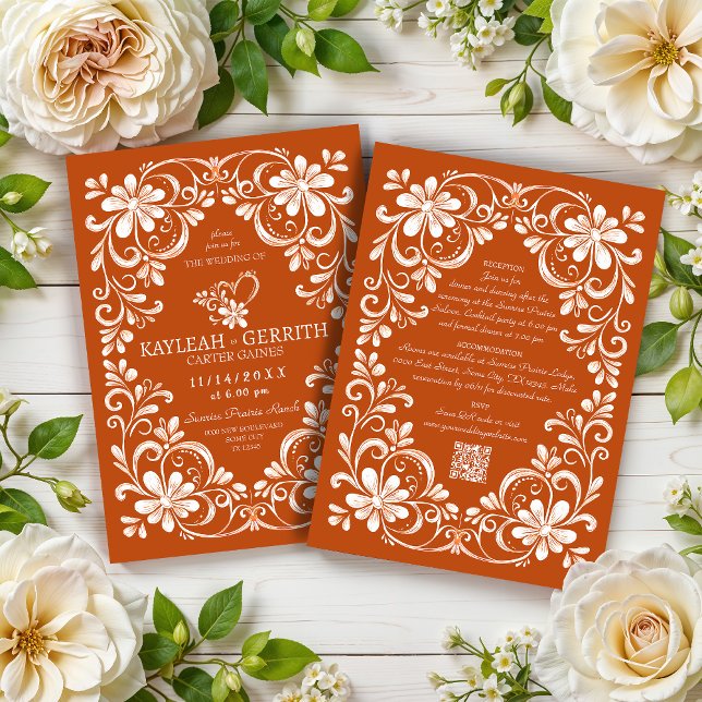 Convite de Casamento QR Shabby Chic Laranja Escuro (Criador carregado)