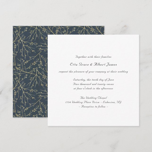 Convite de Casamento Quadrado Botânico Simples Ele (Frente/Verso)