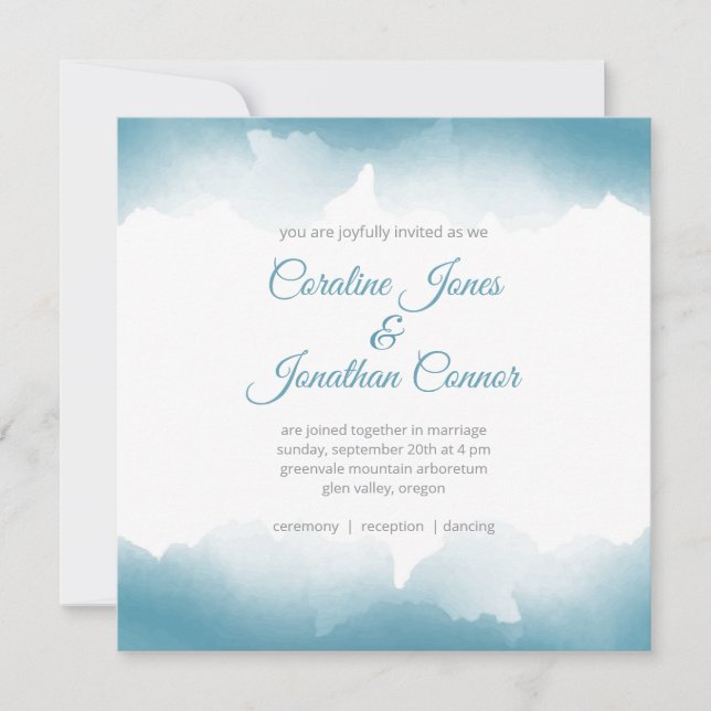 Convite de Casamento Quadrado com Aquarela Azul (Frente)