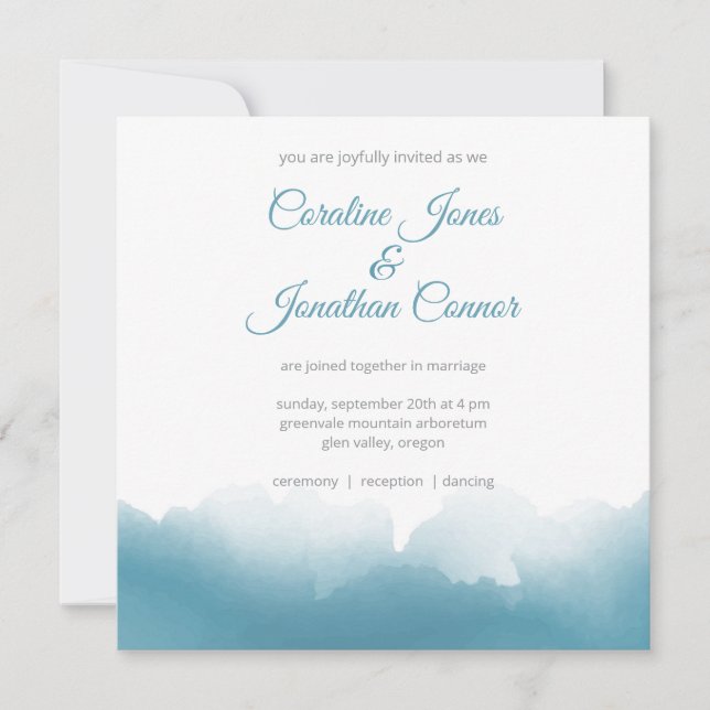 Convite de Casamento Quadrado com Aquarela Azul (Frente)