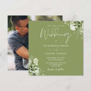 Convite de Casamento Quadrado Floral Verde Musgo