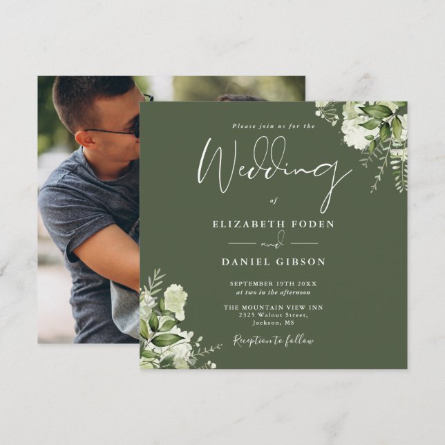 Convite de Casamento Quadrado Floral Verde Oliva (Frente/Verso)