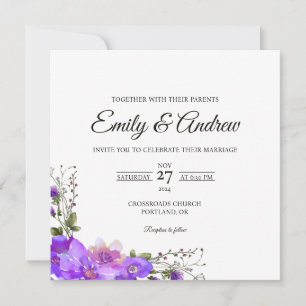 Convite de Casamento Quadrado Floral Violeta Aquar