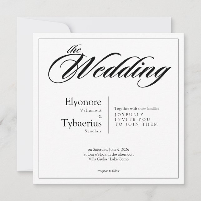 Convite de Casamento Quadrado Minimalista Preto e  (Frente)