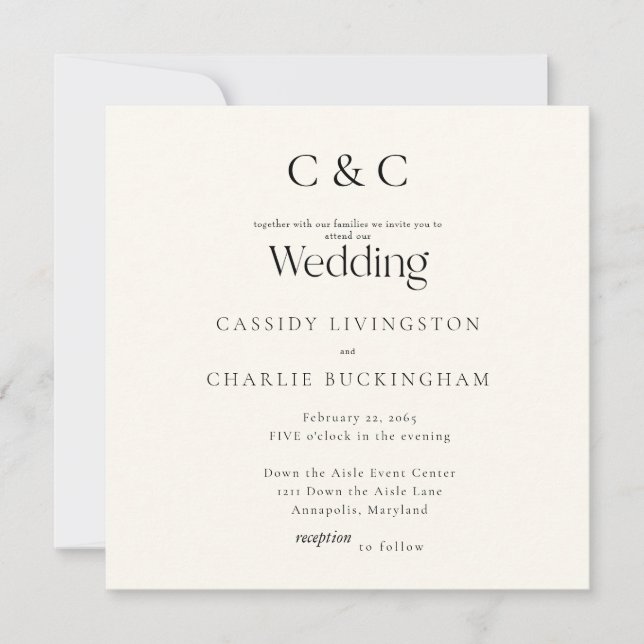 Convite de Casamento Quadrado Monograma Creme Simp (Frente)
