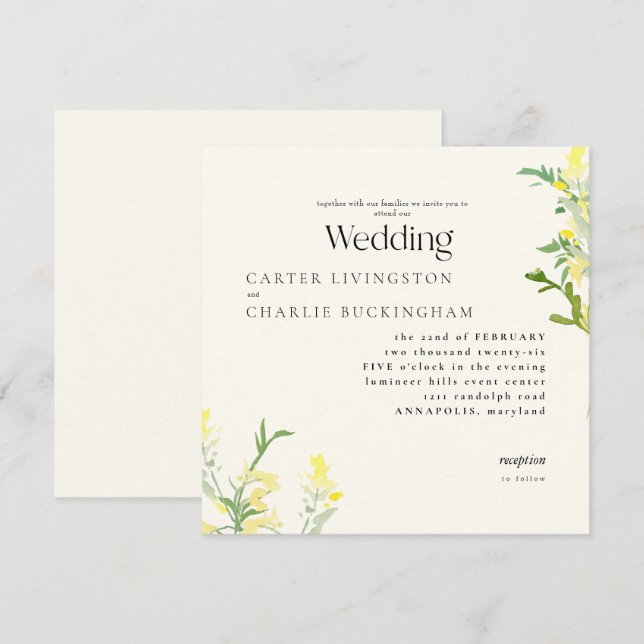 Convite de Casamento Quadrado Monograma de Flores  (Frente/Verso)