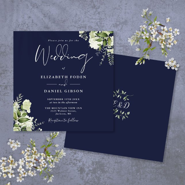 Convite de Casamento Quadrado Monograma Floral Azu (Navy Blue Greenery Floral Monogram Square Wedding Invitation)