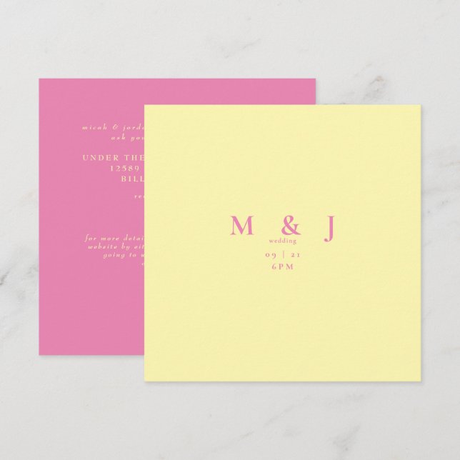 Convite de Casamento Quadrado Rosa e Amarelo Conte (Frente/Verso)