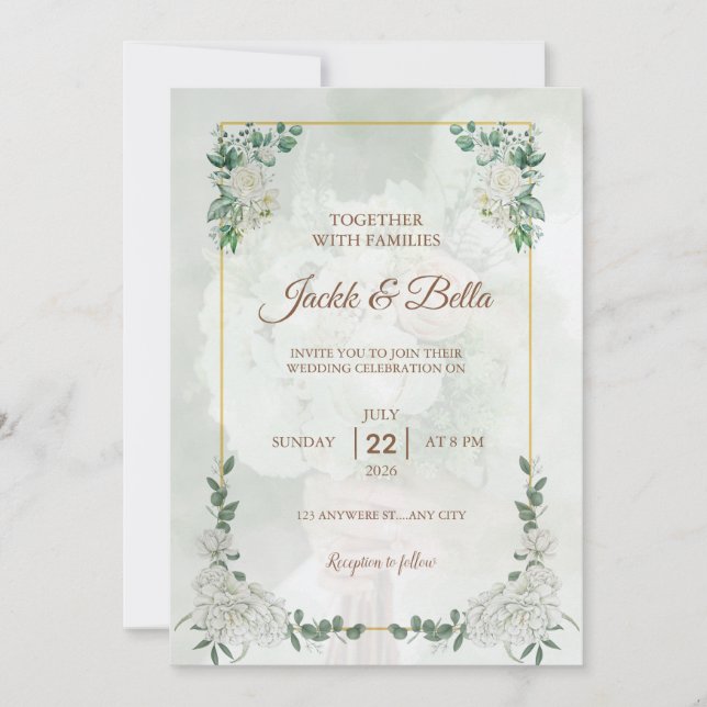 Convite de Casamento Quadro Dourado Elegante Verde (Frente)