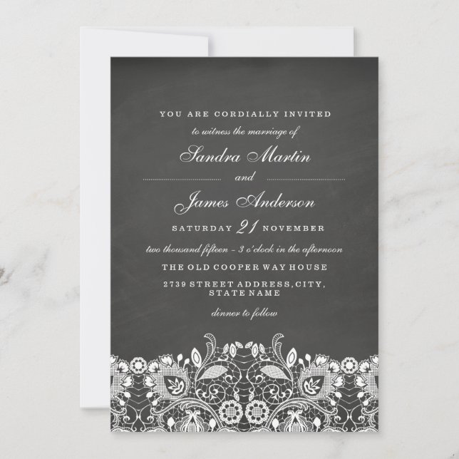 Convite de Casamento Quadro Negro com Renda Branca (Frente)