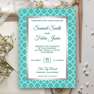 Convite de Casamento Quatrefoil Azul Teal com Folh