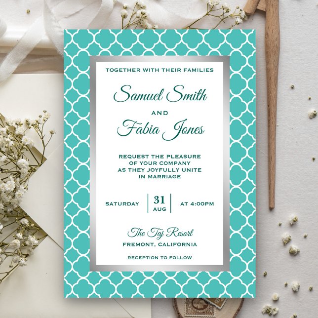 Convite de Casamento Quatrefoil Azul Teal com Folh (Criador carregado)