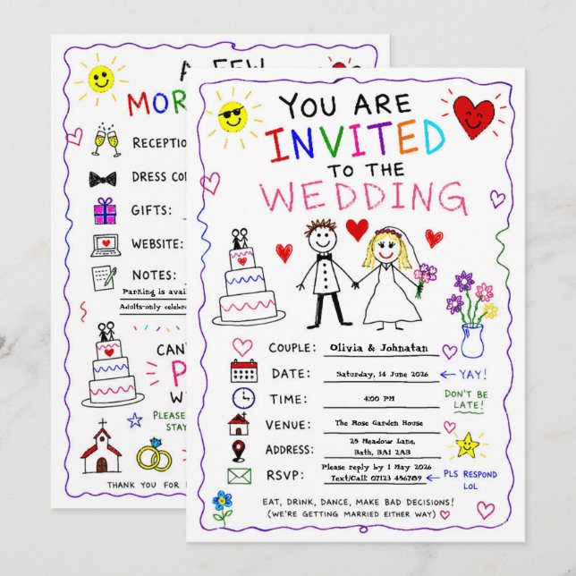 Convite de Casamento Rabisco Divertido Personaliza (Frente/Verso)