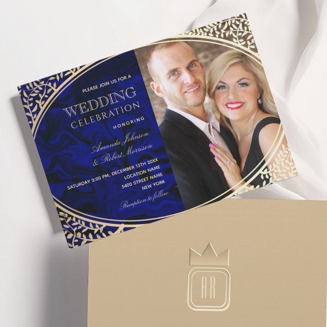 Convite de casamento Real Azul Dourado All-In-One  (Criador carregado)