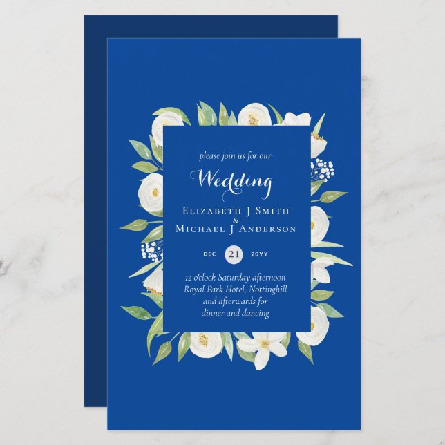 Convite de casamento Real Azul Floral A9 (Frente/Verso)