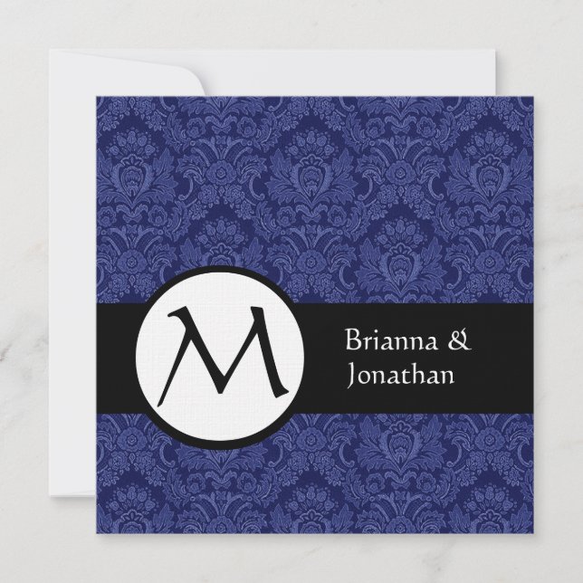 Convite de Casamento Real Blue Damask Monograma (Frente)