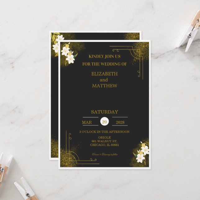 Convite de casamento real em preto e dourado (Frente/Verso In Situ)