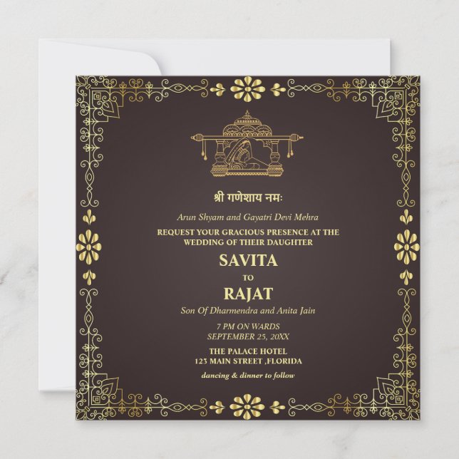 Convite de Casamento Real Indiano de Luxo (Frente)