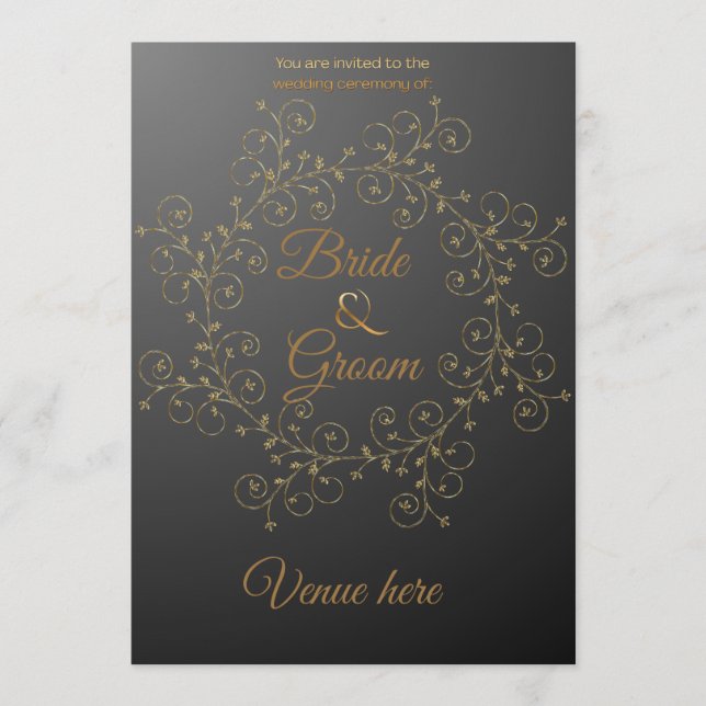 Convite de Casamento Real Preto e Dourado Elegante (Frente)