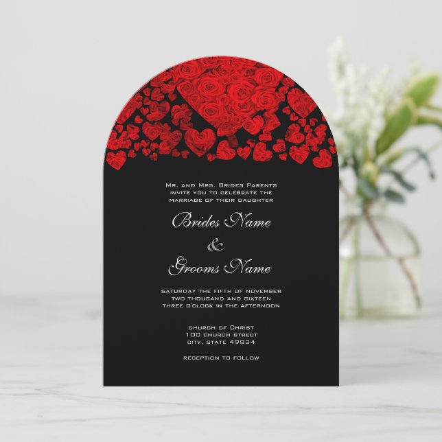Convite de Casamento Red Heart Roses (Em pé/Frente)