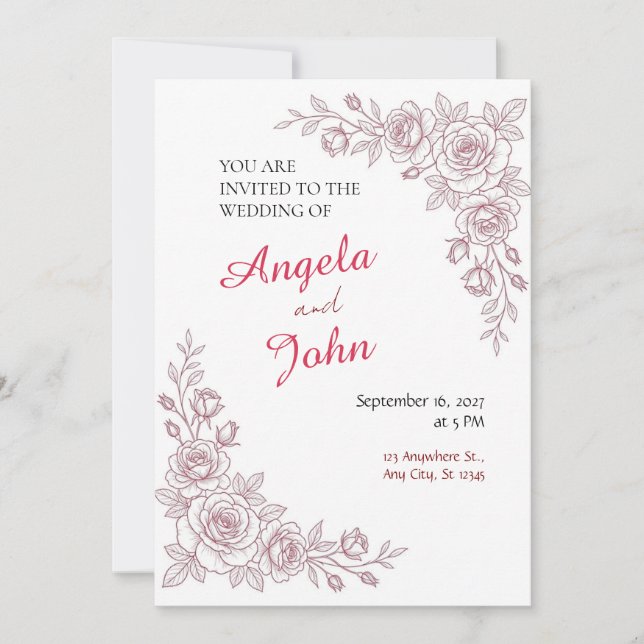 Convite de Casamento Red Rose Fine Line (Frente)