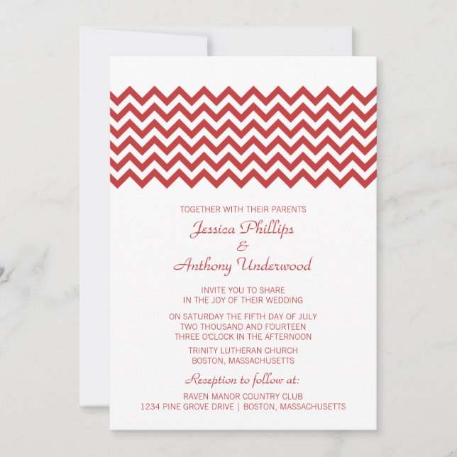 Convite de casamento Red Simple Chevron (Frente)