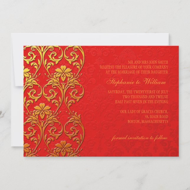 Convite de Casamento Redemoinho Vermelho e Dourado (Frente)