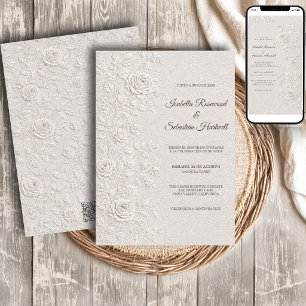 Convite de Casamento Relevo Marfim Rosas Código QR