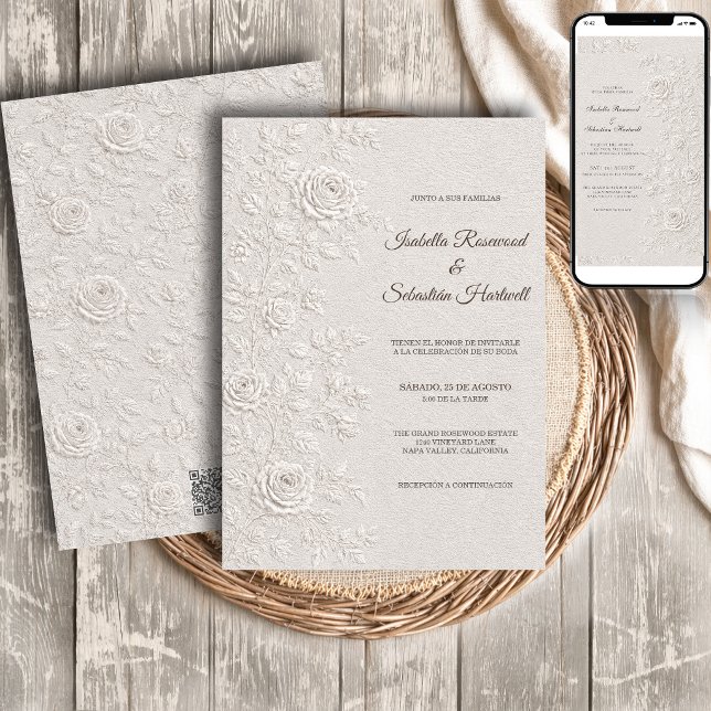 Convite de Casamento Relevo Marfim Rosas Código QR (Criador carregado)