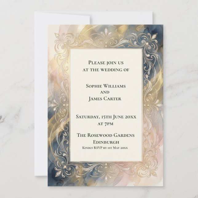 Convite de Casamento Requintado Azul Marinho Rosa  (Frente)