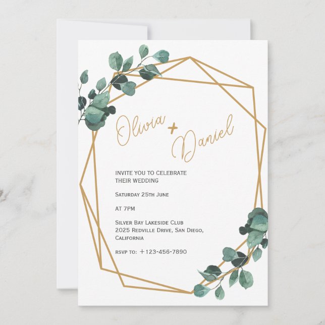 Convite de Casamento Retângulo Dourado com Verdor (Frente)