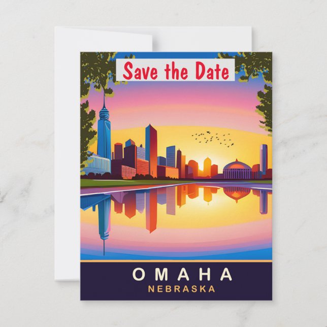 Convite de casamento retrô com a silhueta de Omaha (Frente)