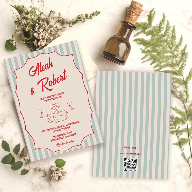 Convite de Casamento Retro com Código QR em Vermel (Criador carregado)