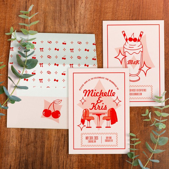 Convite de Casamento Retro Diner (Retro Diner Wedding Invitation with envelope)